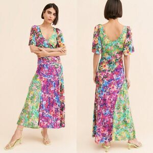 Kachel Anthropologie multicolor mixed floral print v-neck bias cut maxi dress